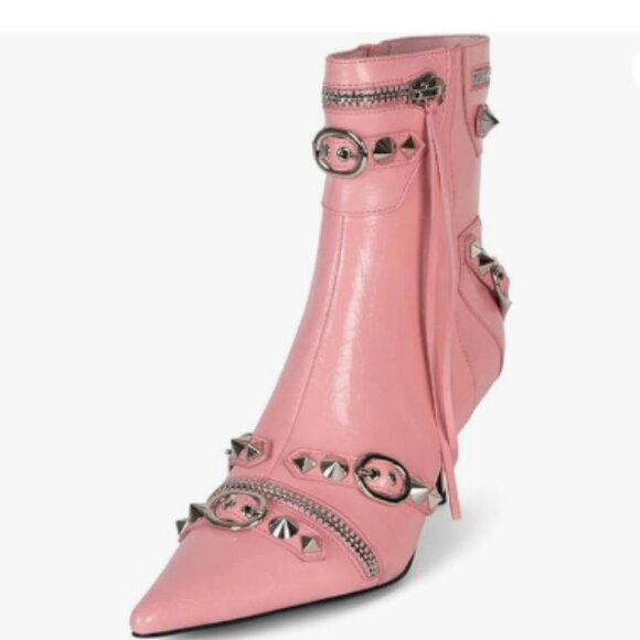 XYD Pink Ultra Fashion Pointed Toe Kitten Low Heels Zipped Rivets Ankle Boots - Picture 1 of 9